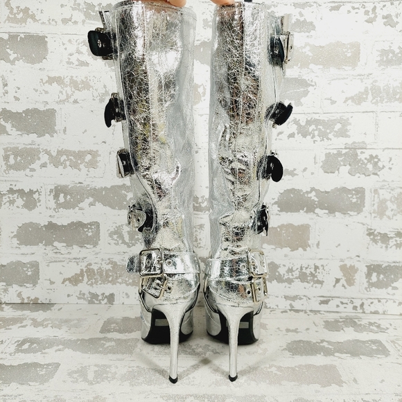 New Wild Diva Look At Me Silver Faux Leather High Heel Harness Knee Boots K759 - Picture 5 of 11
